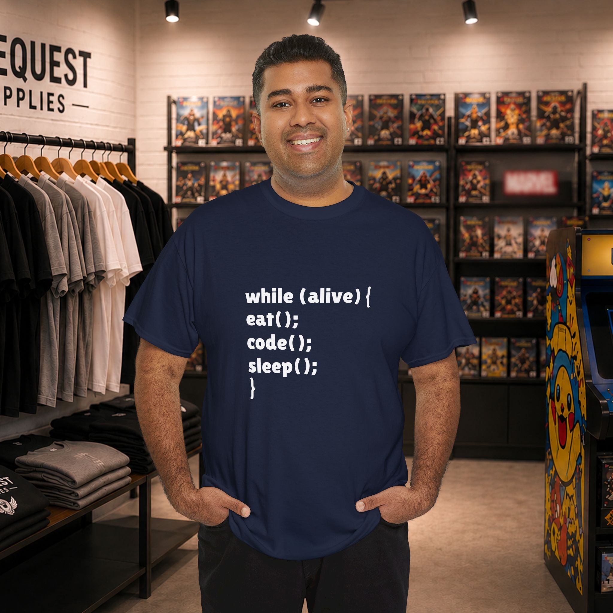 while(alive) { eat(); code(); sleep(); } 💻☕😴 Unisex Heavy Cotton Tee