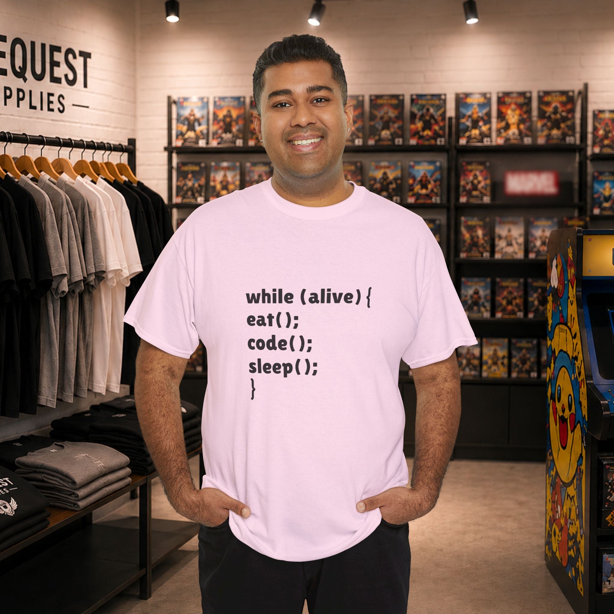 while(alive) { eat(); code(); sleep(); } 💻☕😴 Unisex Heavy Cotton Tee