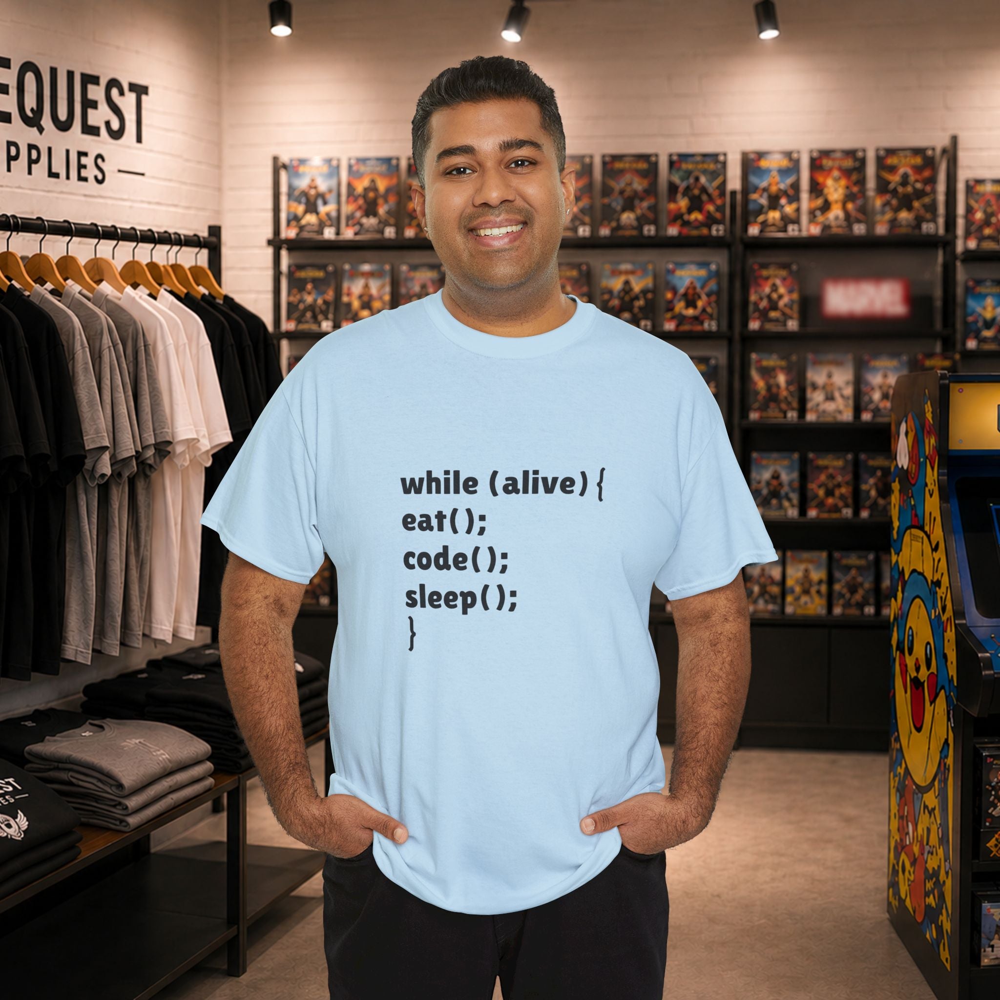 while(alive) { eat(); code(); sleep(); } 💻☕😴 Unisex Heavy Cotton Tee