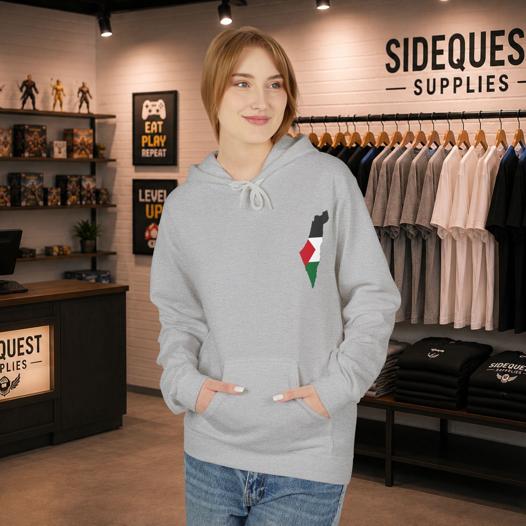 Palestine Map and black Keffiyeh comfy and cosy hoodie | Front print "Palestine map" back print "Keffiyeh"