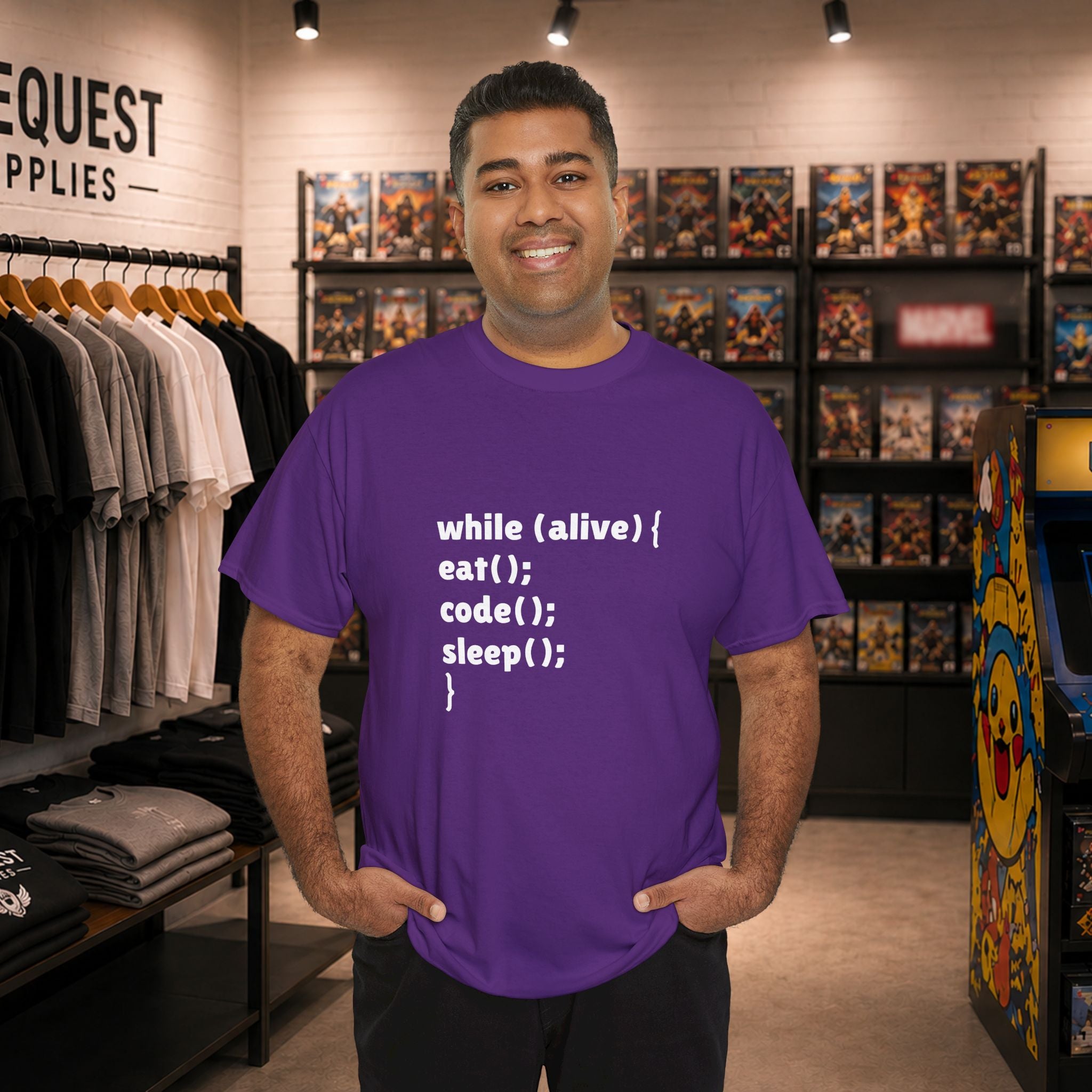 while(alive) { eat(); code(); sleep(); } 💻☕😴 Unisex Heavy Cotton Tee