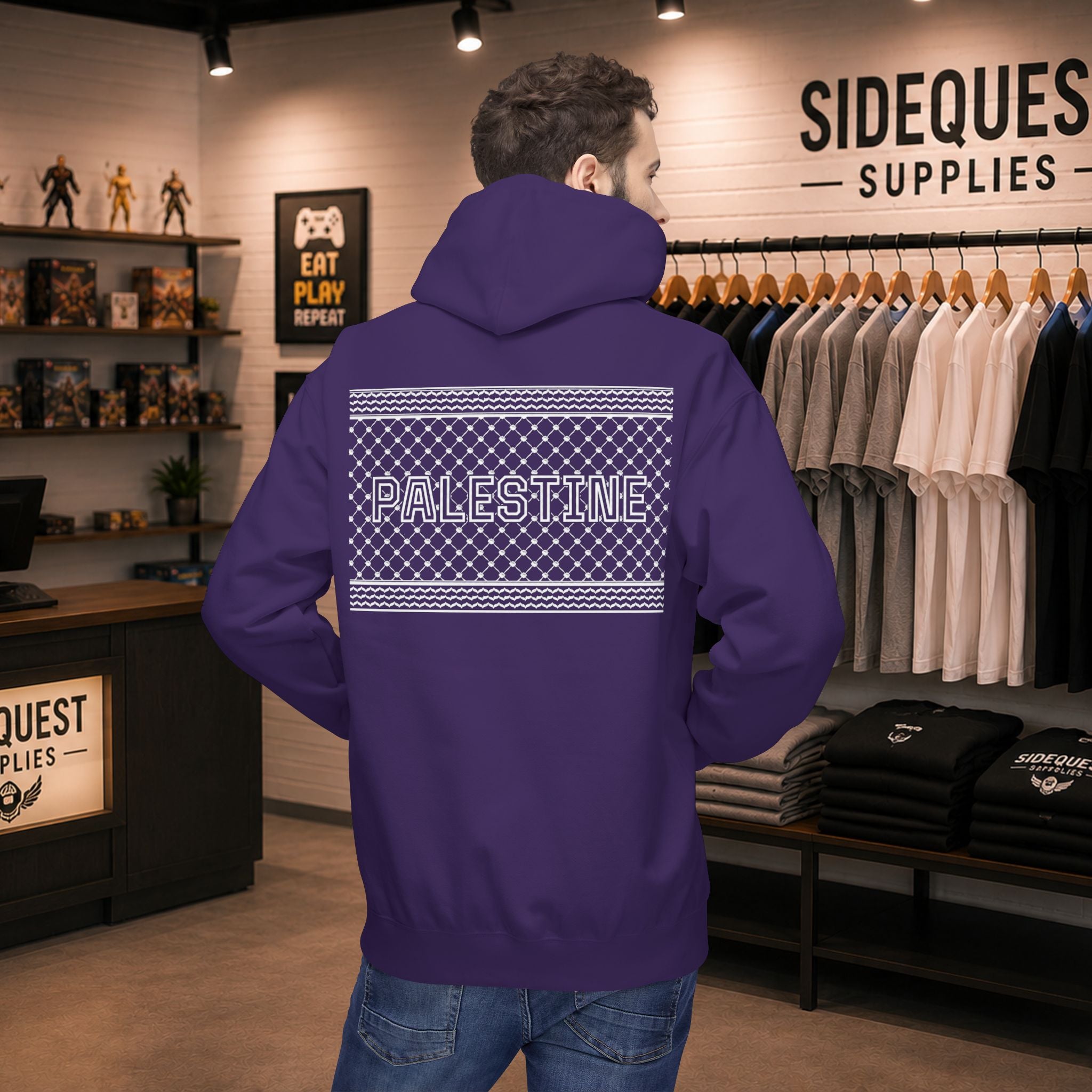 Palestine Map and Keffiyeh comfy and cosy hoodie | Front print "Palestine map" back print "Keffiyeh" in White text