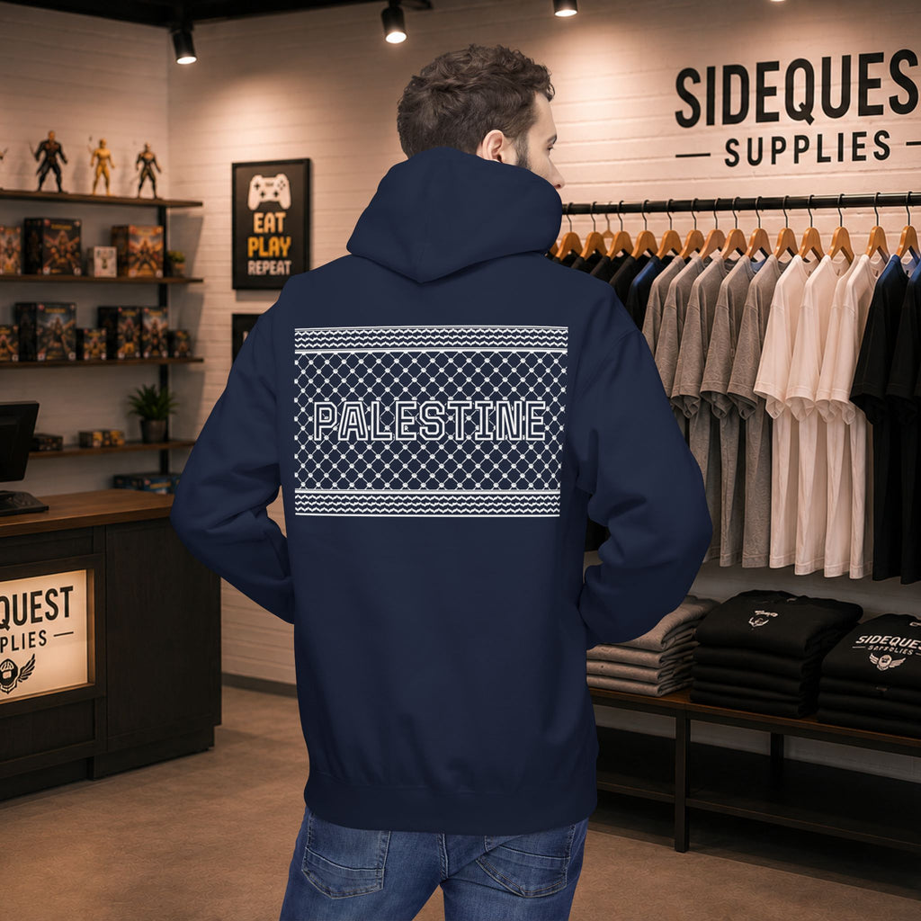 Palestine Map and Keffiyeh comfy and cosy hoodie | Front print "Palestine map" back print "Keffiyeh" in White text