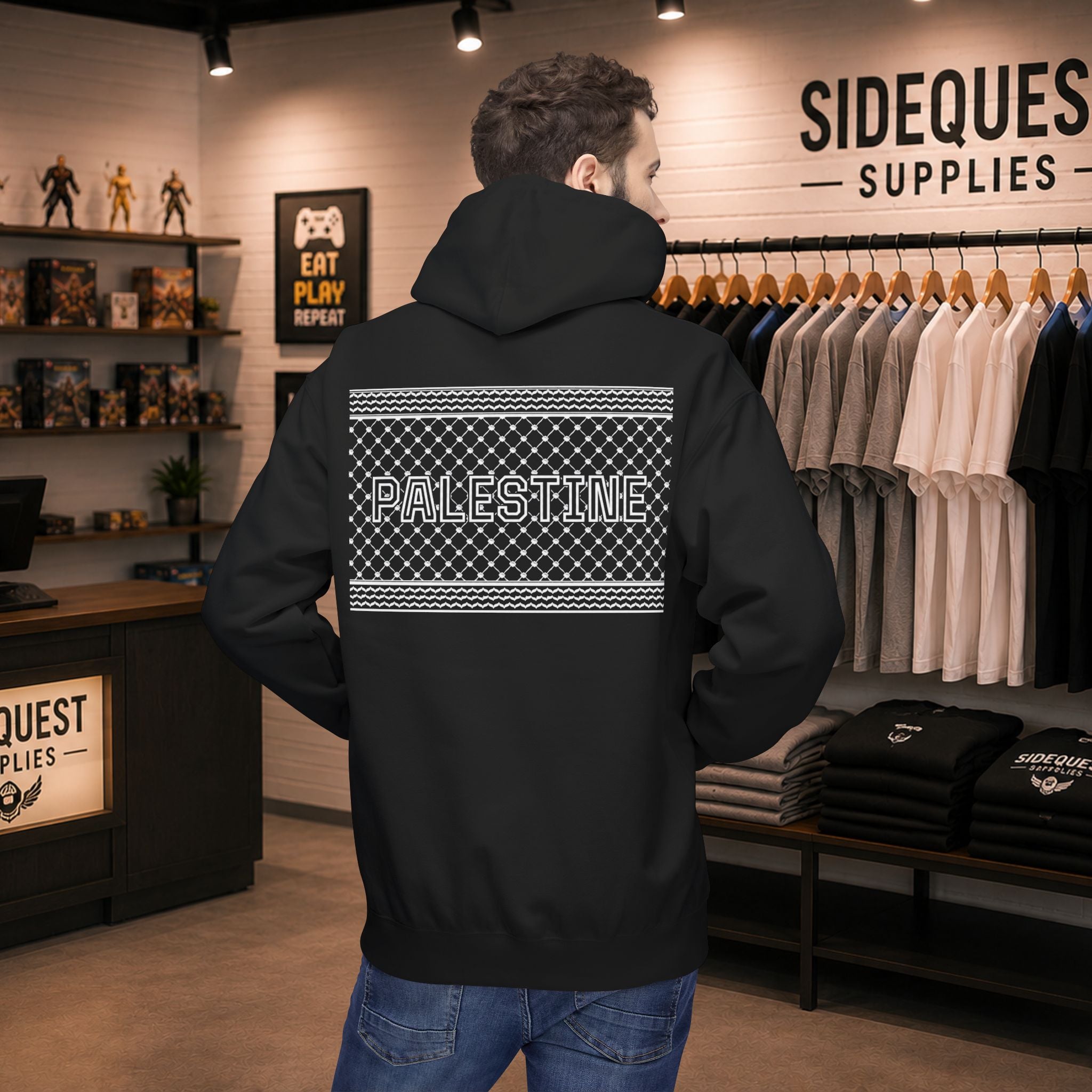 Palestine Map and Keffiyeh comfy and cosy hoodie | Front print "Palestine map" back print "Keffiyeh" in White text
