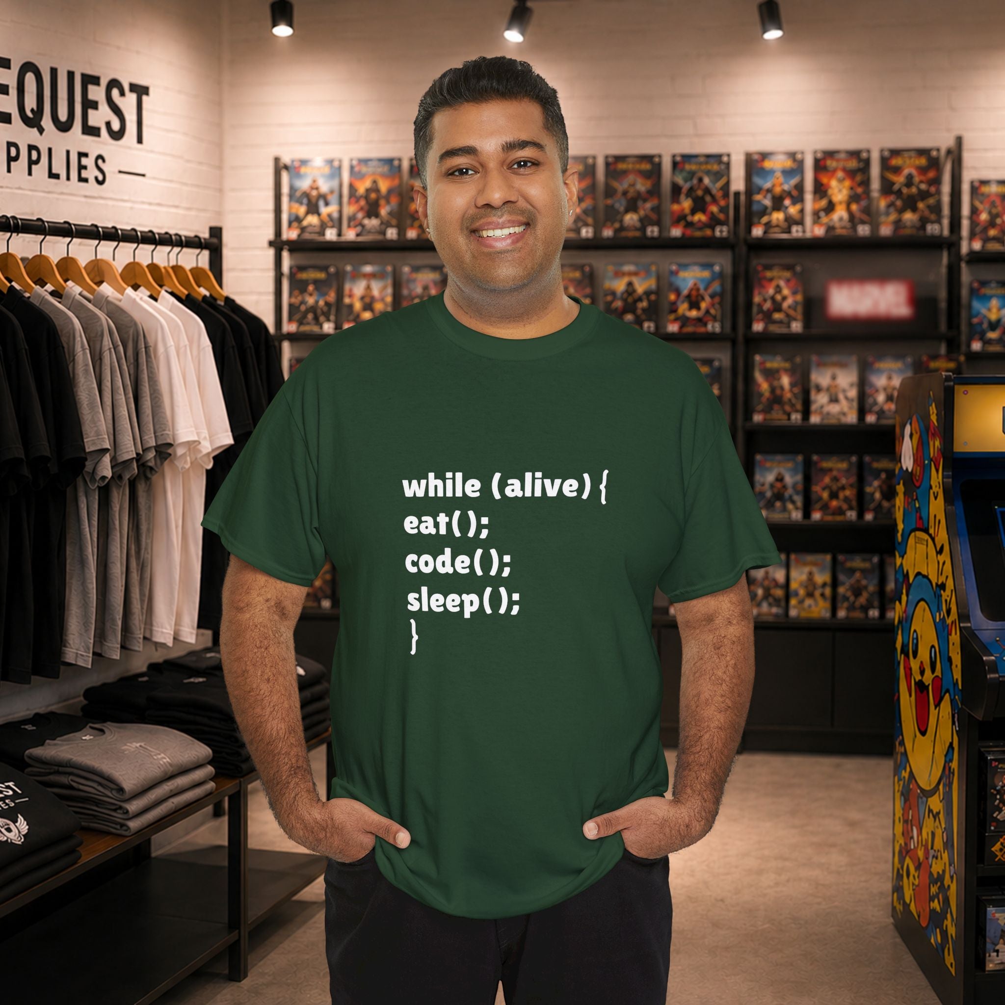 while(alive) { eat(); code(); sleep(); } 💻☕😴 Unisex Heavy Cotton Tee