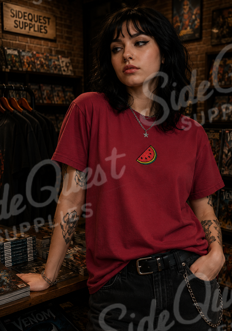 Palestine Watermelon Slice embroidery Tee — Minimal comfy and cosy Summer Fruit Graphic T-Shirt