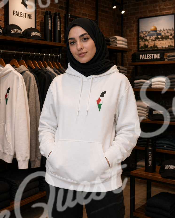 Palestine Map and black Keffiyeh comfy and cosy hoodie | Front print "Palestine map" back print "Keffiyeh"