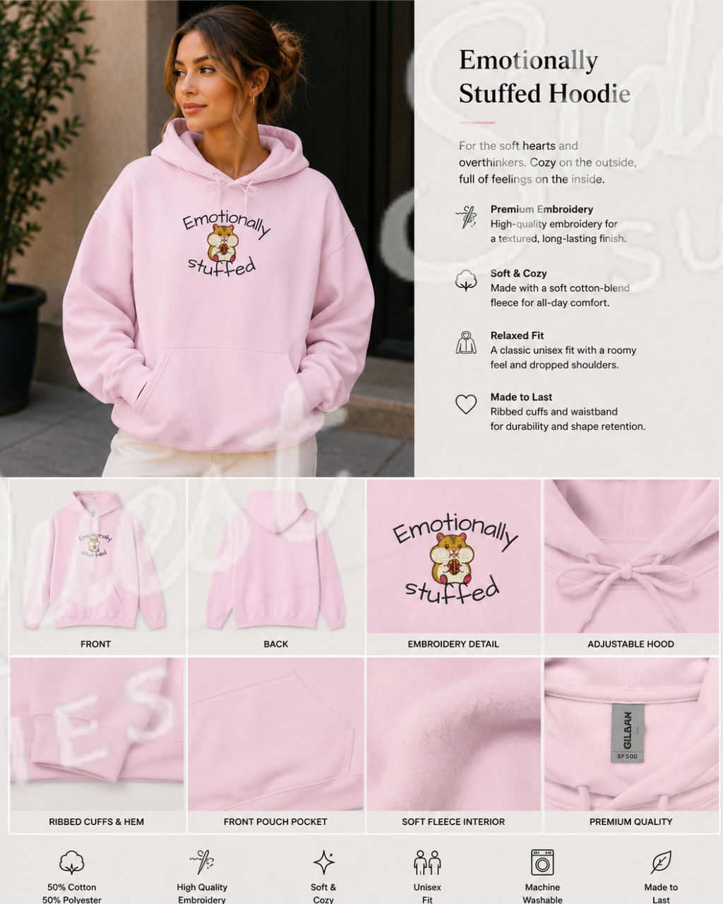 stuffed hamster "emotionally stuffed" Cute hamster embroidery Hoodie — cosy comfy and warm hoodie