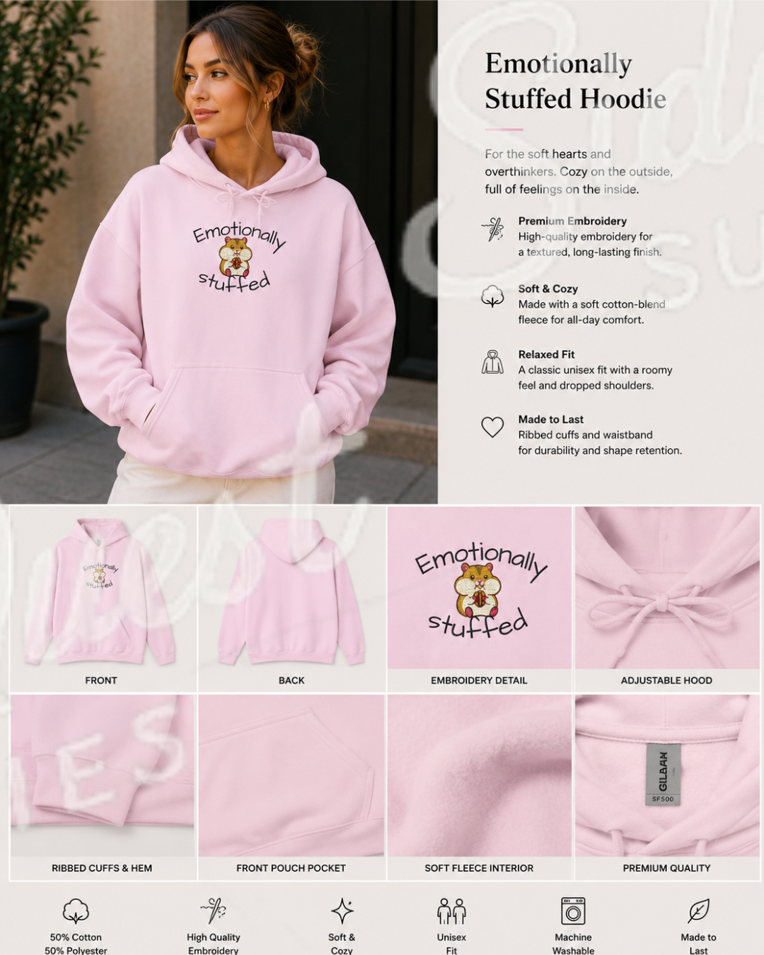 stuffed hamster "emotionally stuffed" Cute hamster embroidery Hoodie — cosy comfy and warm hoodie