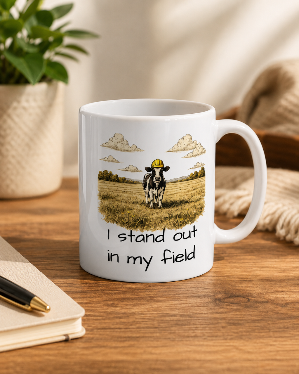 “I Stand Out In My Field” Funny smart cow in cloudy grass prairie in countryside Ceramic coffee/tea Mug  (11oz/15oz)