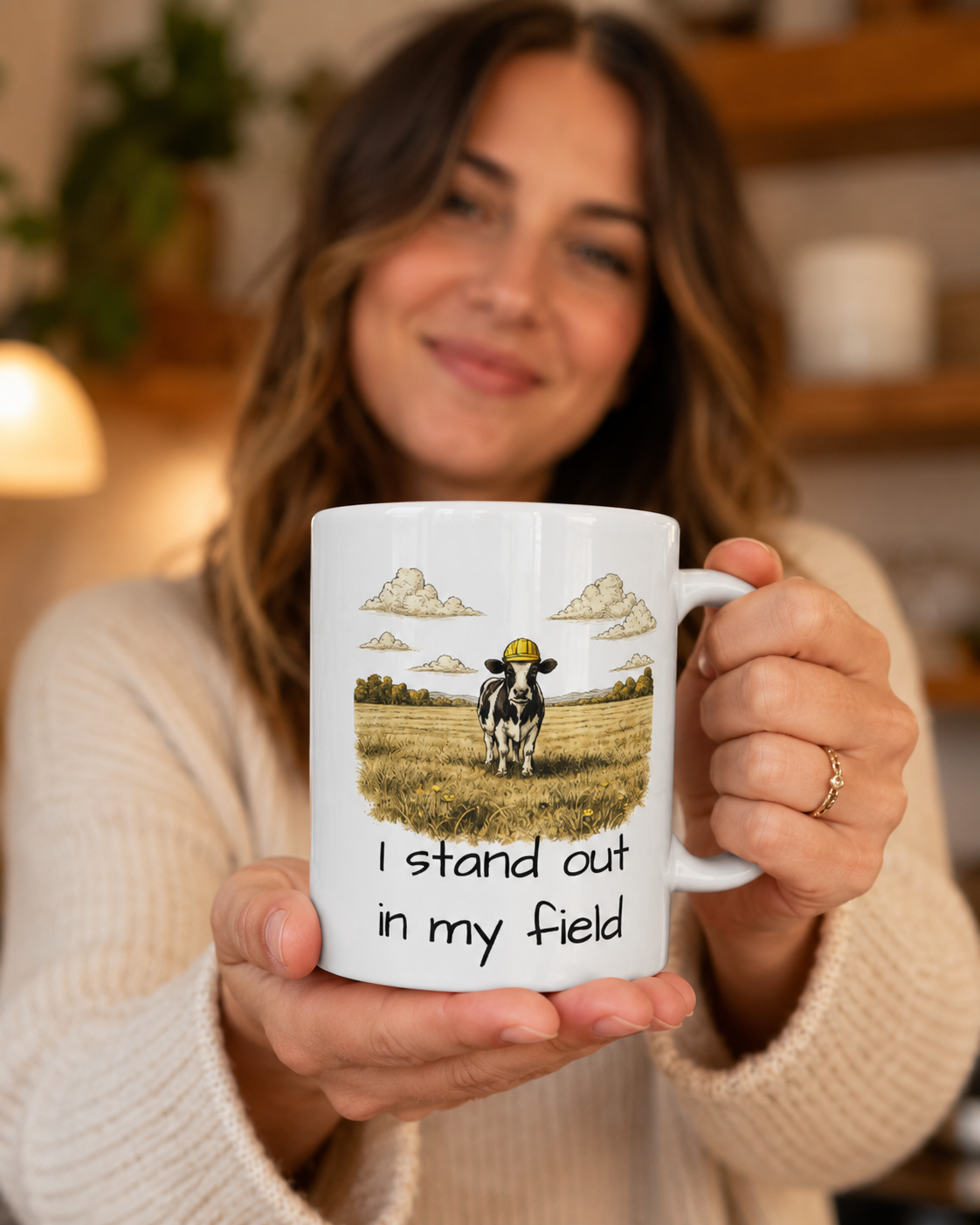 “I Stand Out In My Field” Funny smart cow in cloudy grass prairie in countryside Ceramic coffee/tea Mug  (11oz/15oz)