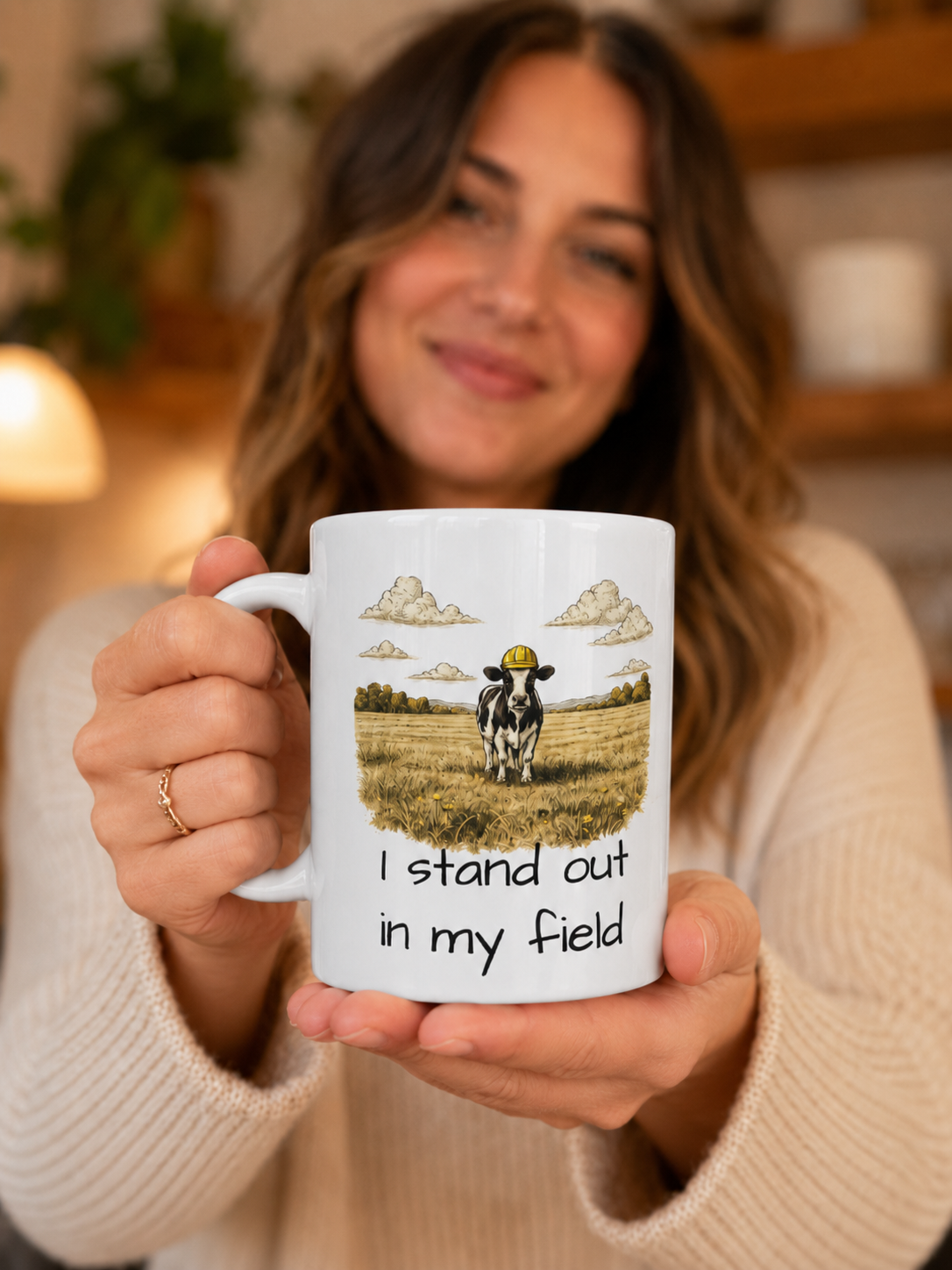 “I Stand Out In My Field” Funny smart cow in cloudy grass prairie in countryside Ceramic coffee/tea Mug  (11oz/15oz)