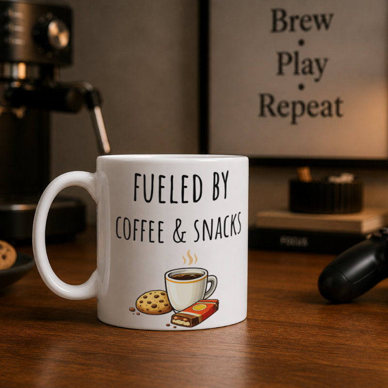 Fueled by Coffee & Snacks ceramic mug  in 11oz/15oz for gamers or for office use