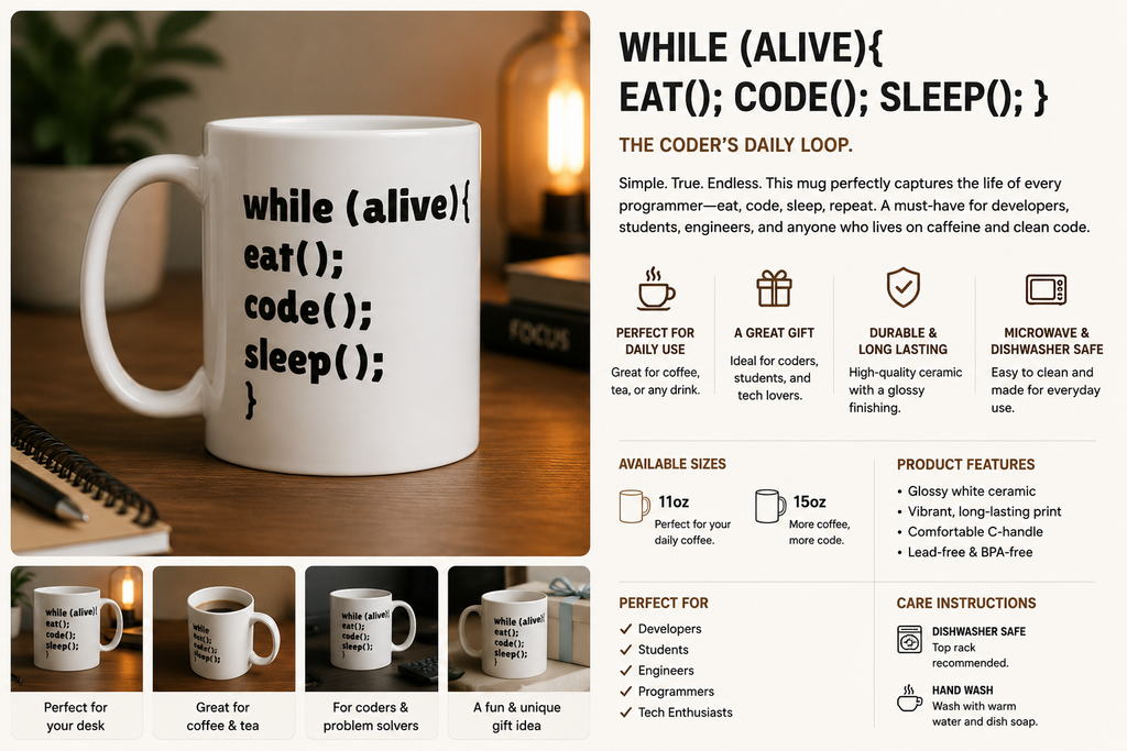 ☕ While (alive){ eat(); code(); sleep(); } – 11oz/15oz ceramic mug for programmers, engineers, researchers and scientists.