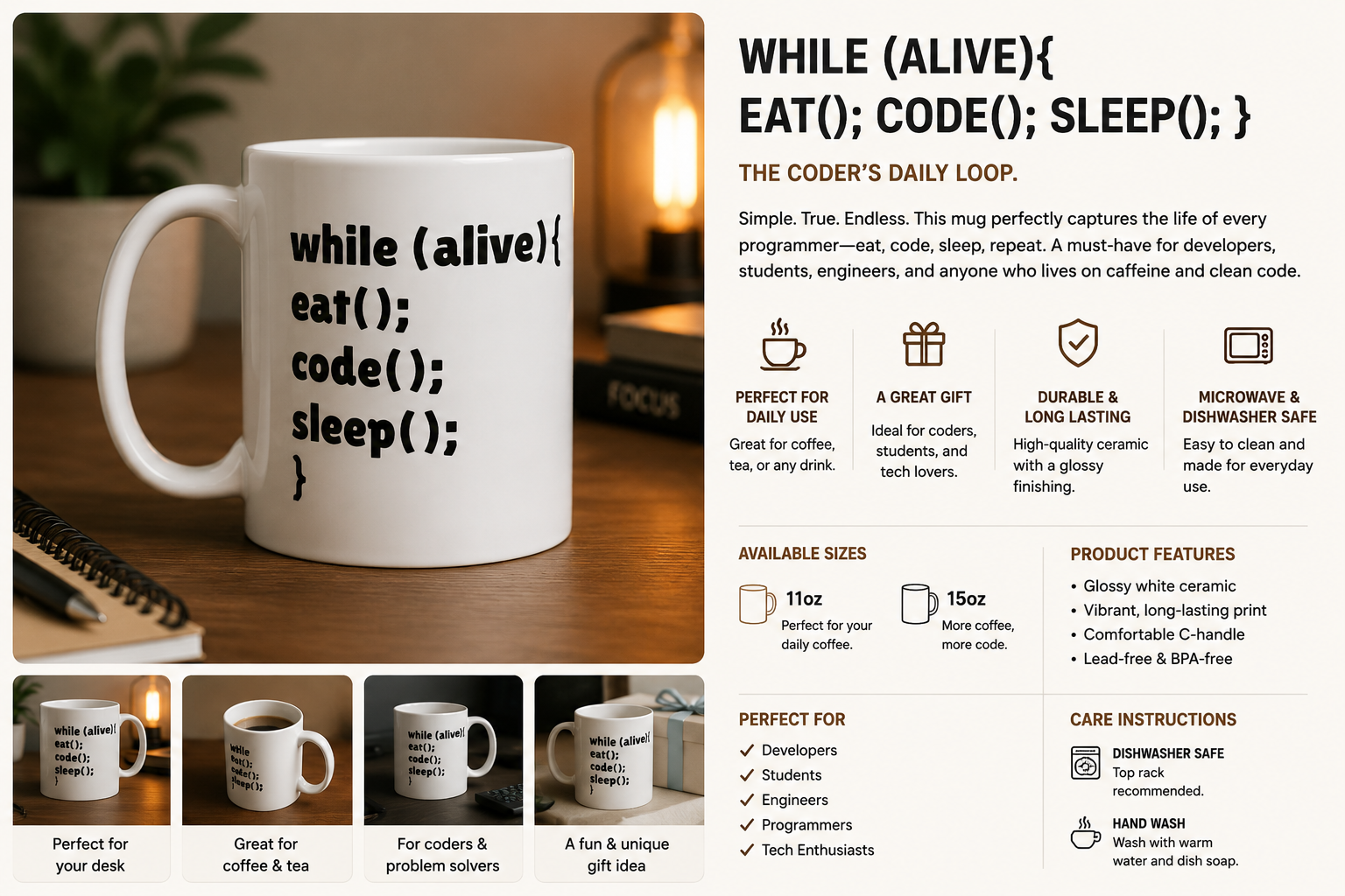 ☕ While (alive){ eat(); code(); sleep(); } – 11oz/15oz ceramic mug for programmers, engineers, researchers and scientists.