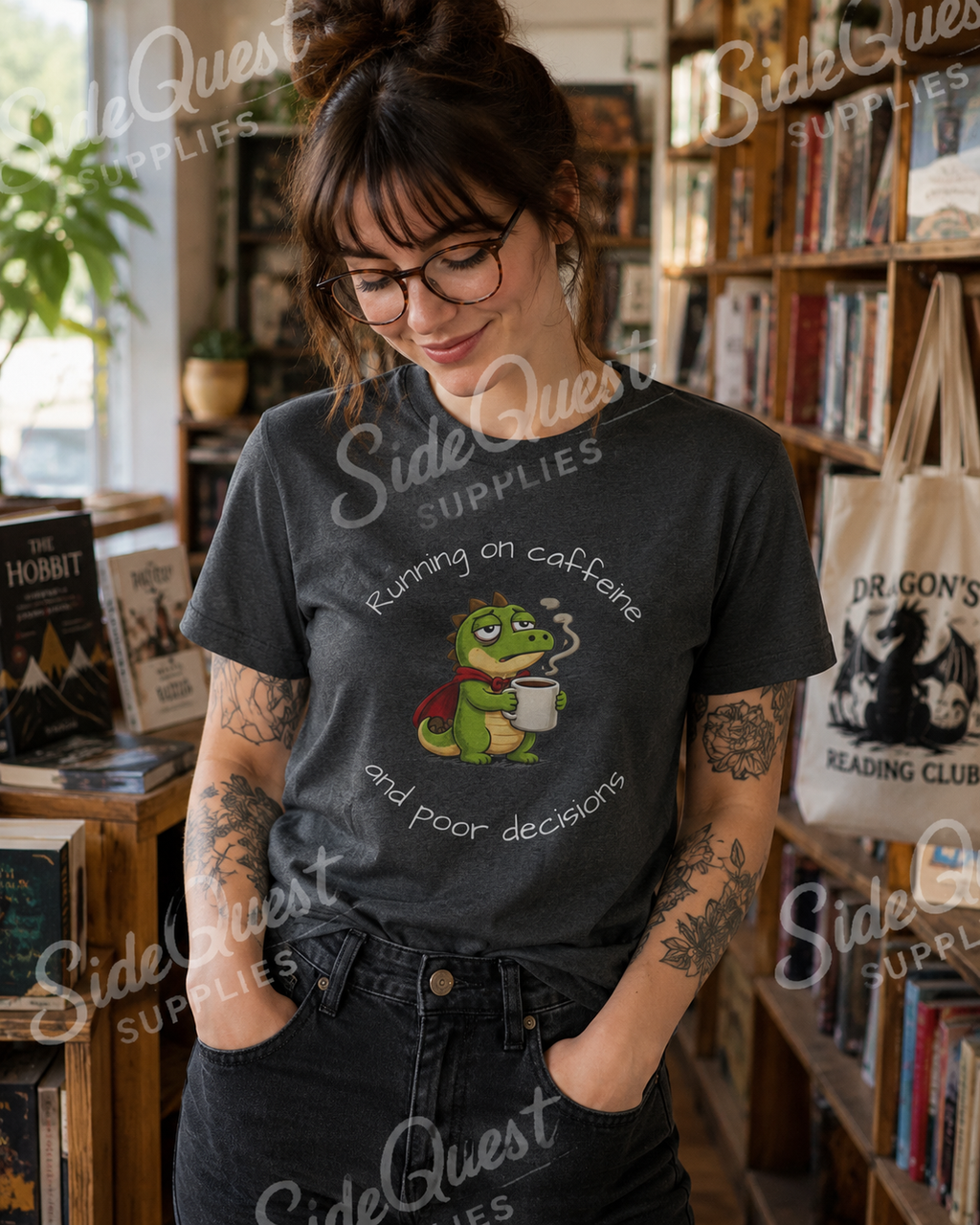 Running on Caffeine and Poor Decisions Shirt, Funny Coffee T-Shirt, Cute Dragon Tee, Caffeine Humor Shirt, Gamer Gift, Dinosaur Engineer Shirt