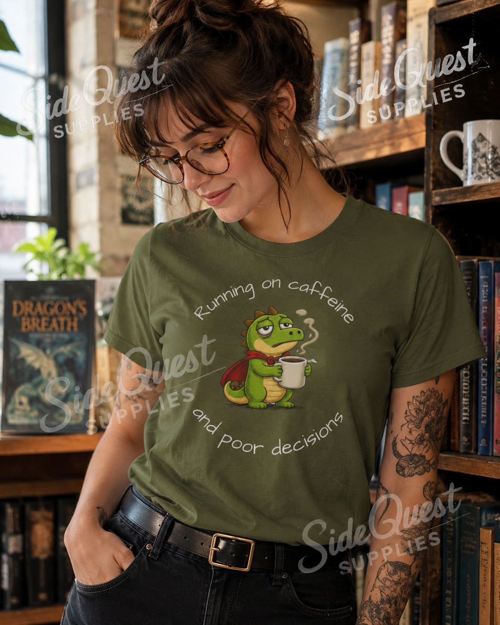 Running on Caffeine and Poor Decisions Shirt, Funny Coffee T-Shirt, Cute Dragon Tee, Caffeine Humor Shirt, Gamer Gift, Dinosaur Engineer Shirt