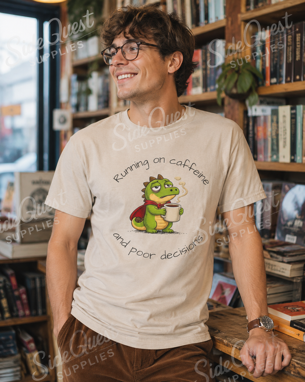 Running on Caffeine and Poor Decisions Shirt, Funny Coffee T-Shirt, Cute Dragon Tee, Caffeine Humor Shirt, Gamer Gift, Dinosaur Engineer Shirt