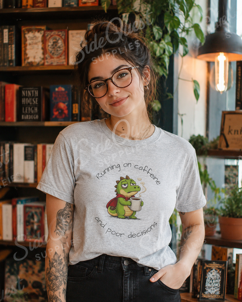 Running on Caffeine and Poor Decisions Shirt, Funny Coffee T-Shirt, Cute Dragon Tee, Caffeine Humor Shirt, Gamer Gift, Dinosaur Engineer Shirt