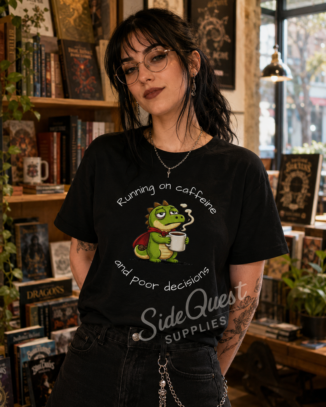 Running on Caffeine and Poor Decisions Shirt, Funny Coffee T-Shirt, Cute Dragon Tee, Caffeine Humor Shirt, Gamer Gift, Dinosaur Engineer Shirt