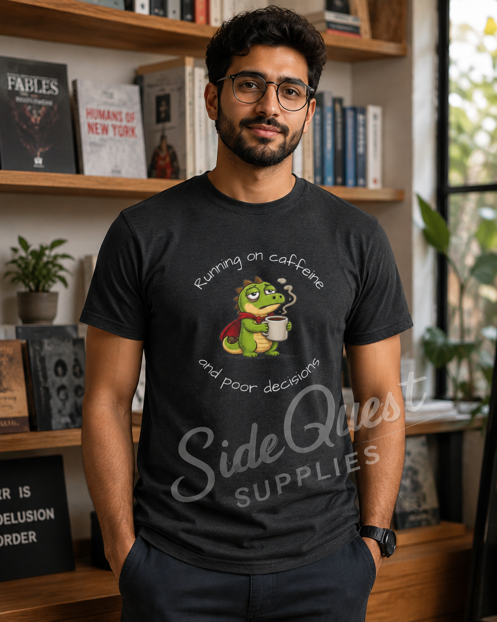 Running on Caffeine and Poor Decisions Shirt, Funny Coffee T-Shirt, Cute Dragon Tee, Caffeine Humor Shirt, Gamer Gift, Dinosaur Engineer Shirt