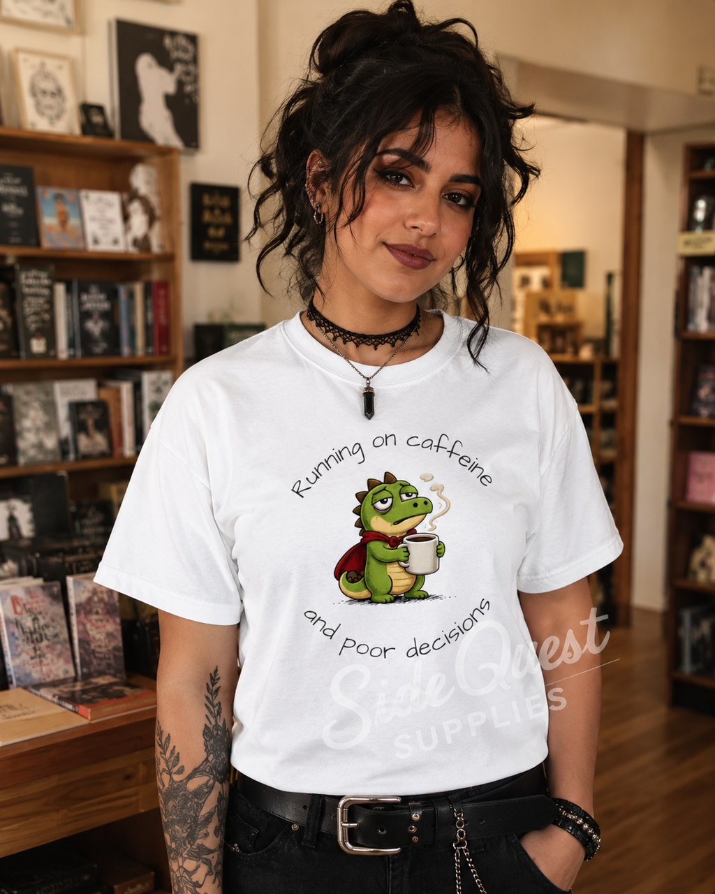 Running on Caffeine and Poor Decisions Shirt, Funny Coffee T-Shirt, Cute Dragon Tee, Caffeine Humor Shirt, Gamer Gift, Dinosaur Engineer Shirt