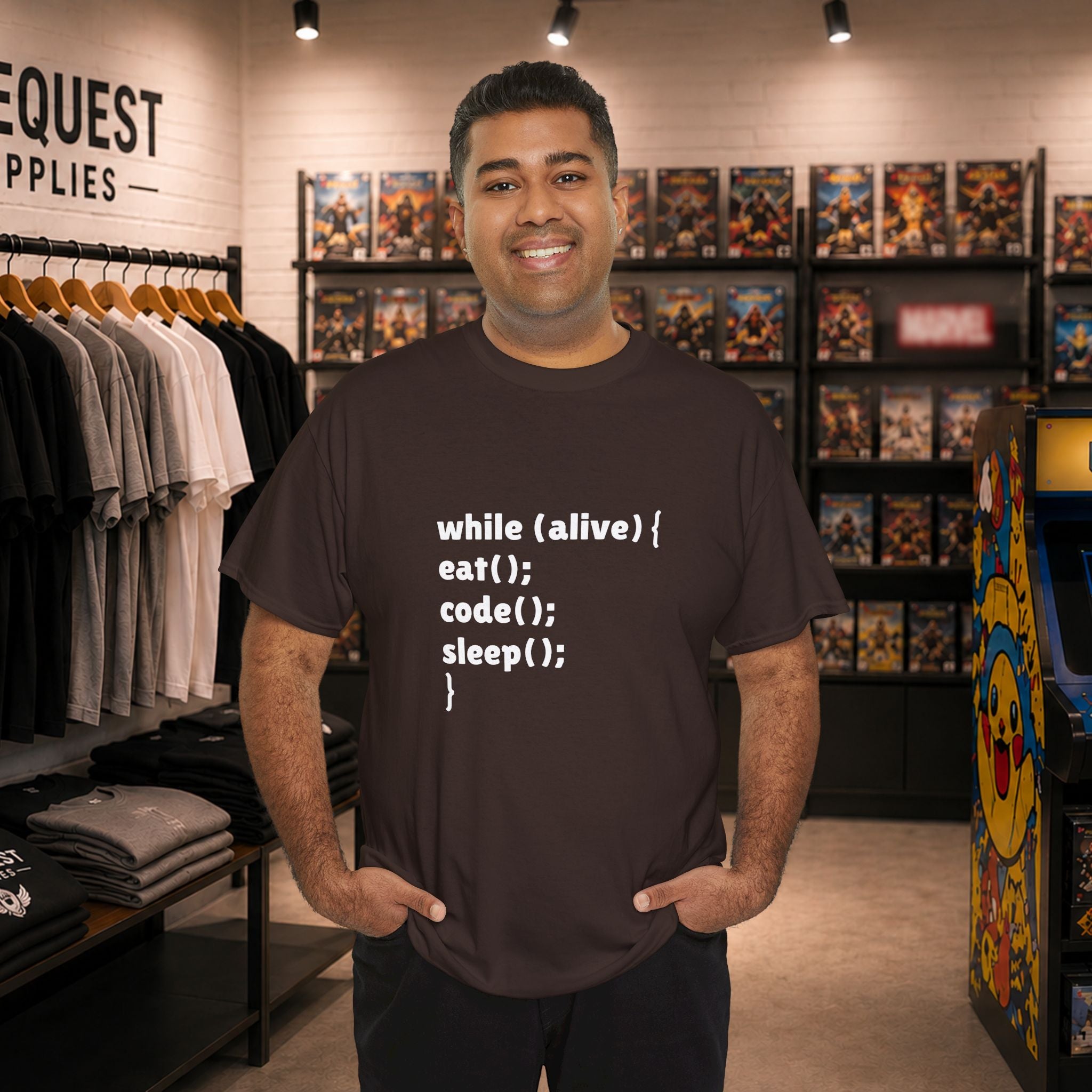 while(alive) { eat(); code(); sleep(); } 💻☕😴 Unisex Heavy Cotton Tee