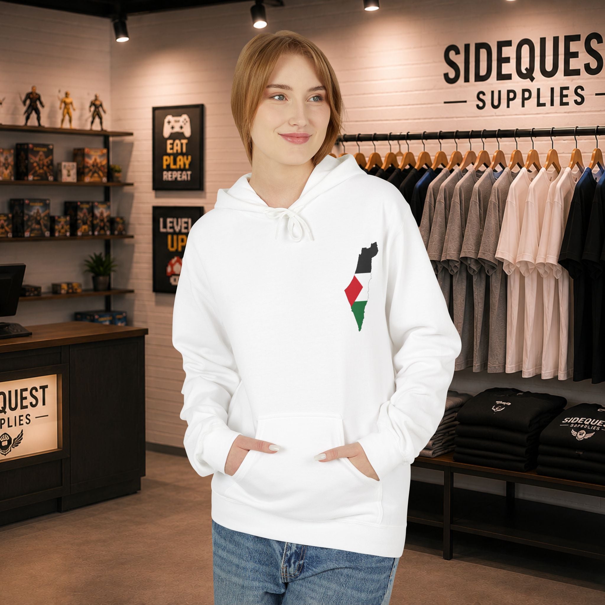 Palestine Map and black Keffiyeh comfy and cosy hoodie | Front print "Palestine map" back print "Keffiyeh"