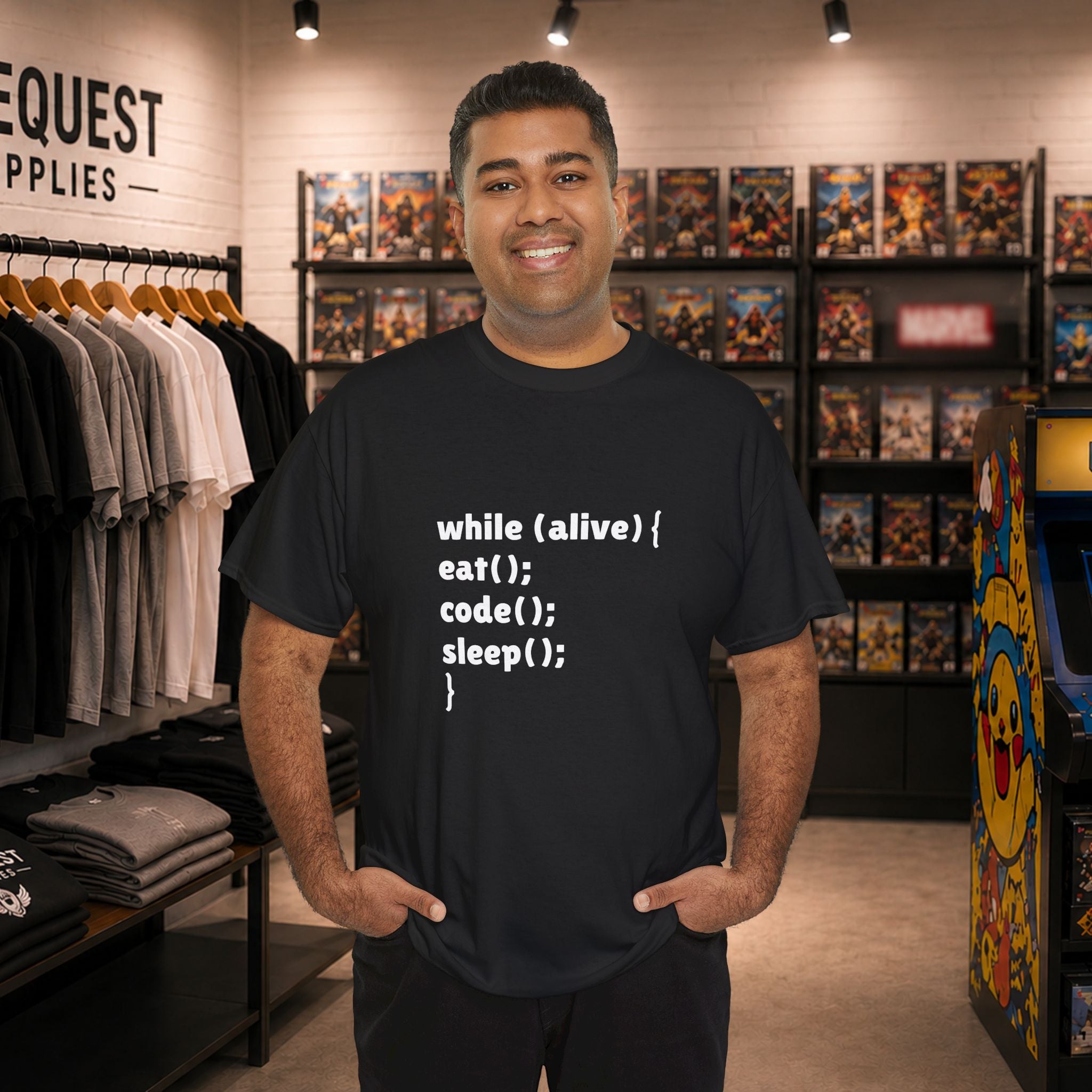 while(alive) { eat(); code(); sleep(); } 💻☕😴 Unisex Heavy Cotton Tee