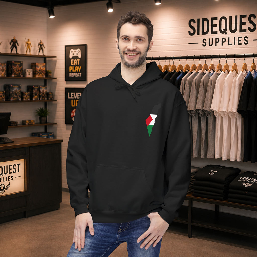 Palestine Map and Keffiyeh comfy and cosy hoodie | Front print "Palestine map" back print "Keffiyeh" in White text