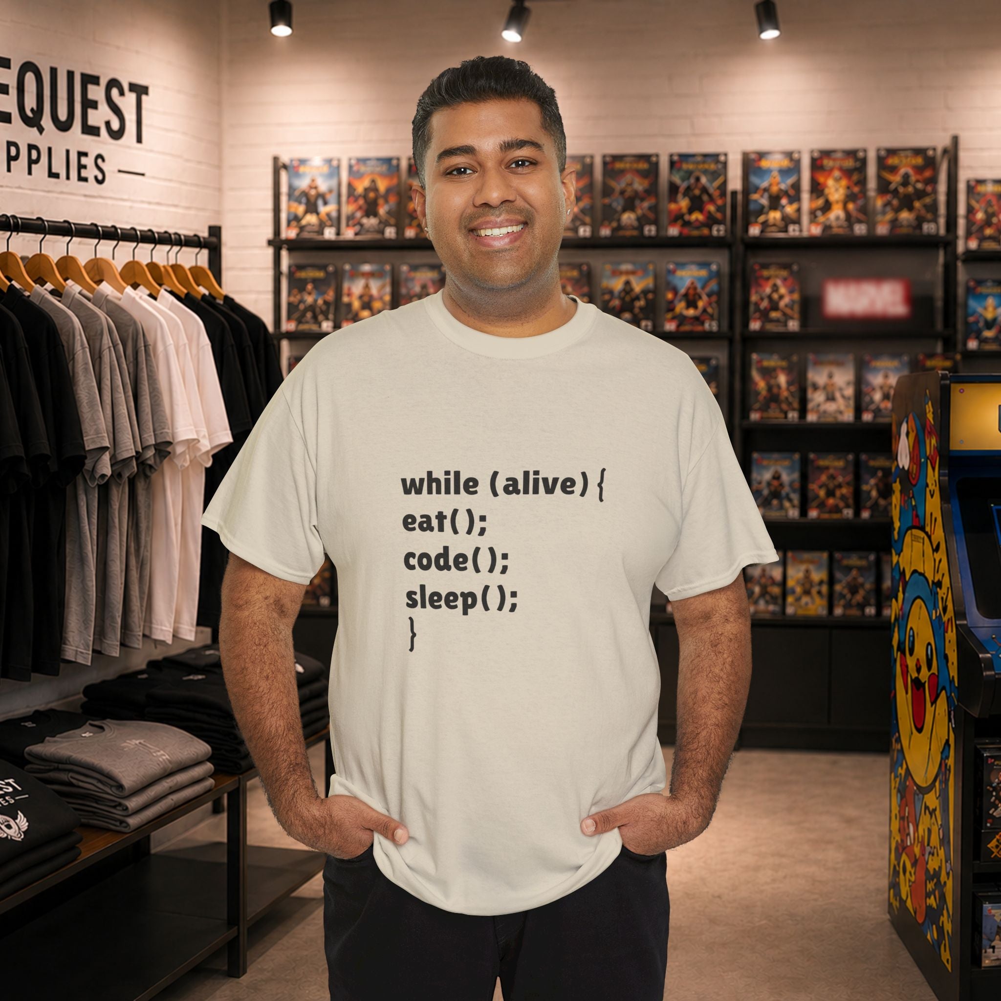 while(alive) { eat(); code(); sleep(); } 💻☕😴 Unisex Heavy Cotton Tee