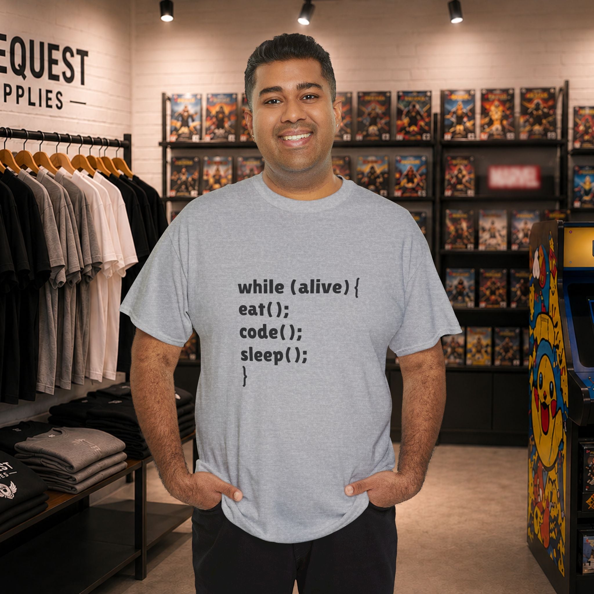 while(alive) { eat(); code(); sleep(); } 💻☕😴 Unisex Heavy Cotton Tee